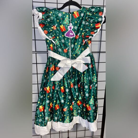 Girl’s sleeveless green dress with Christmas print and lace at the waist NWT - Picture 4 of 8